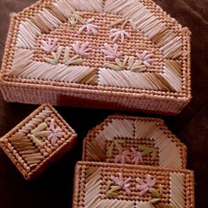 3 wooden necklaces and table set.